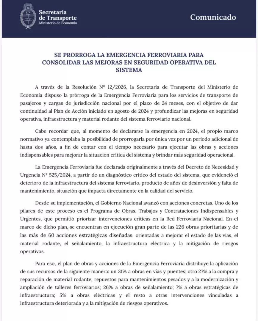 Comunicado sobre la pr�rroga de la emergencia ferroviaria