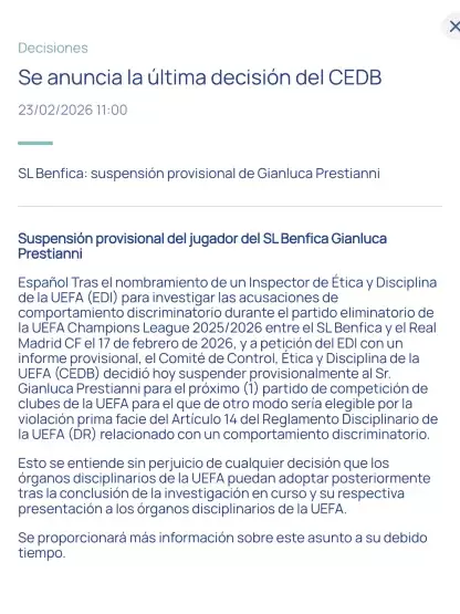 El comunicado de la UEFA con la sanci�n provisoria contra Gianluca Prestianni.