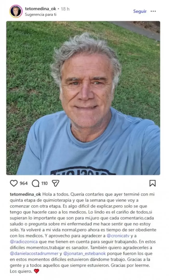 El mensaje de Teto Medina tras terminar la quinta etapa de su quimioterapia