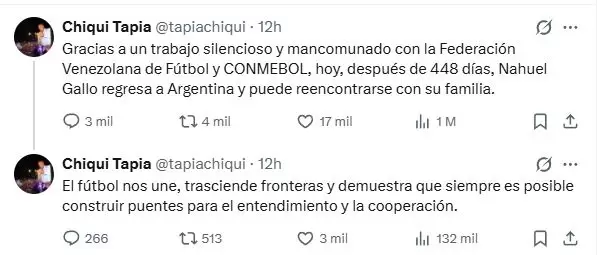 La publicación de Claudio Chiqui Tapia osbre la liberación de Nahuel Gallo