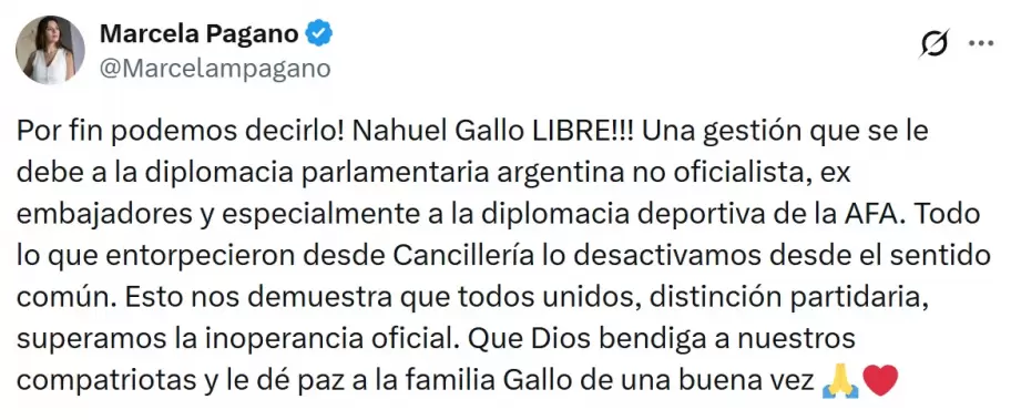 Marcela Pagano y su tuit donde celebró la liberación del gendarme Nahuel Gallo.