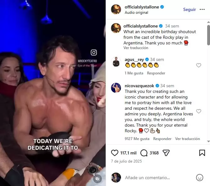 Sylvester Stallone, el creador del personaje de Rocky Balboa, compartiera en redes sociales contenido del musical argentino.