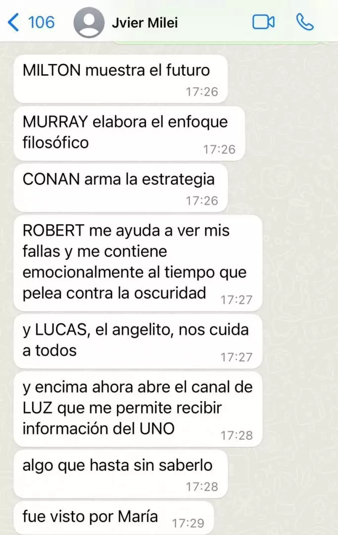 La explicaci�n que le envi� Javier Milei al periodista Juan Luis Gonz�lez alrededor de su gabinete espiritual perruno, basado en clones de Conan.