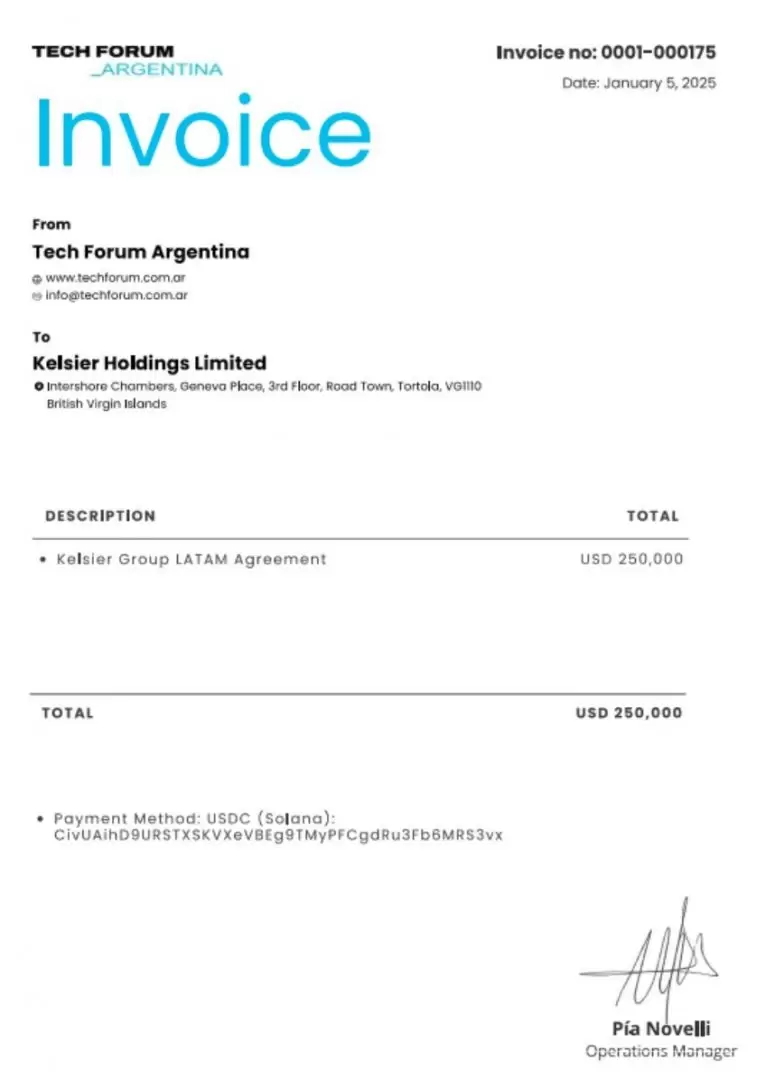 La factura emitida desde Tech Forum hacia la firma de Hayden.