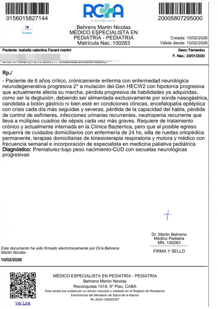 Isabella tiene 6 a�os, padece una enfermedad neurodegenerativa extremadamente rara y lleva m�s de dos meses internada.