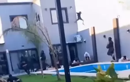 El momento en el que uno de los delincuentes intent� fugarse durante el allanamiento en la pool party de Esteban Echeverr�a.