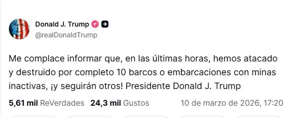 EE.UU. destruy� embarcaciones iran�es que colocaban minas en el Estrecho de Ormuz