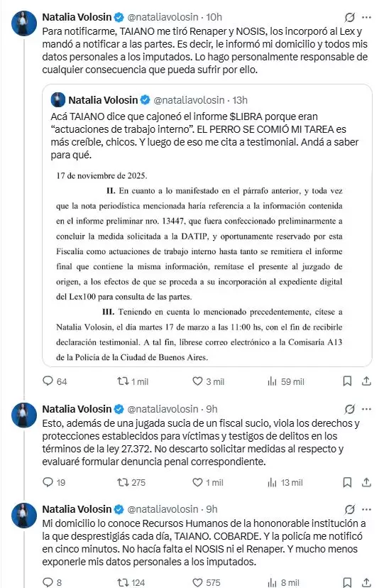 El esc�ndalo escal� cuando la abogada y periodista Natalia Volosin hizo p�blico el borrador de un supuesto acuerdo entre Milei y Davis