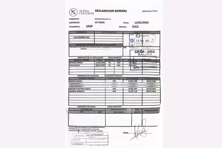 El manifiesto de pasajeros del vuelo de Adorni