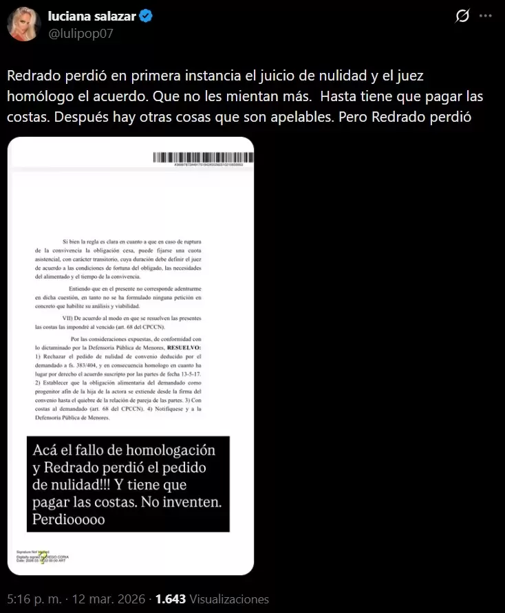 Luciana Salazar mostr� el fallo contra Redrado en sus redes sociales, ante las versiones que la daban por derrota en el juicio en su contra.