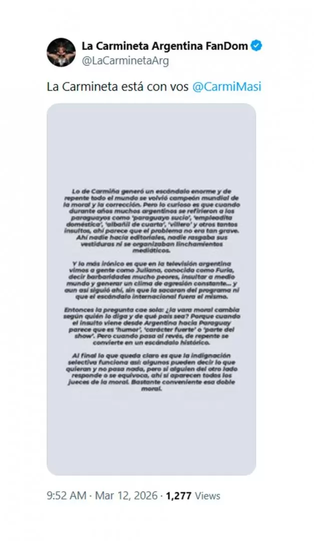 El club de fans de Carmi�a sali� a defenderla y reaviv� la pol�mica en redes.