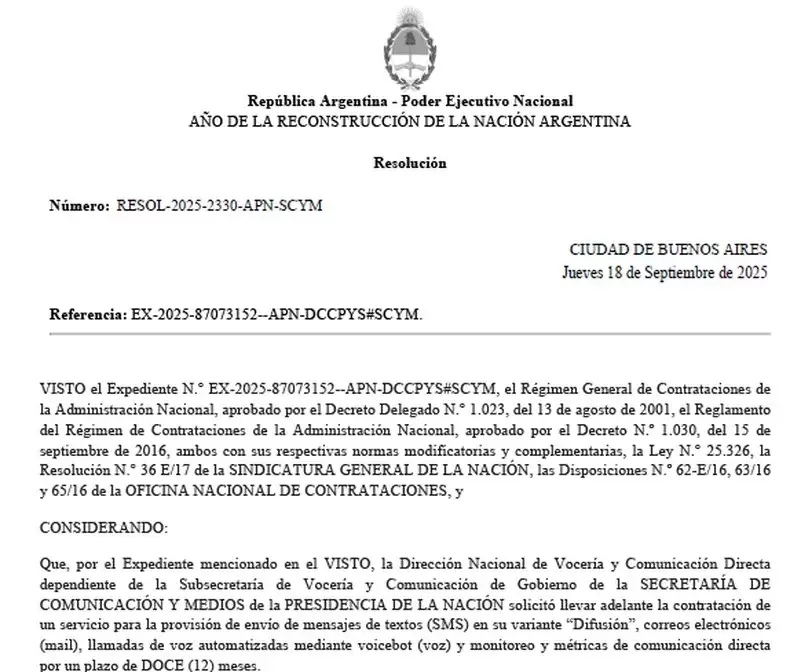 El jefe de Gabinete autoriz� y adjudic� un contrato por m�s de 2,5 millones de d�lares