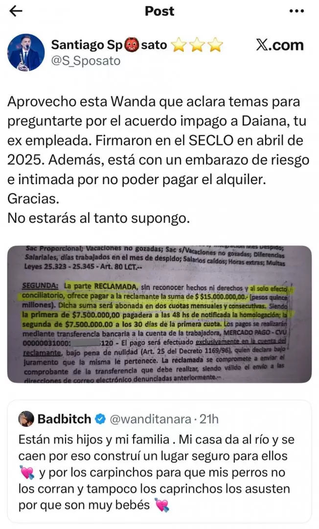 Santiago Sposato cruz� a Wanda Nara por la situaci�n que atraviesa su ex empleada