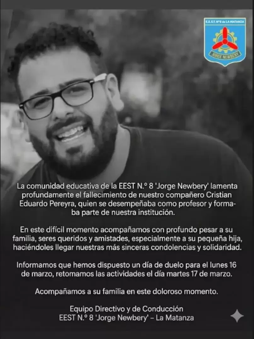 El comunicado de la EEST N.° 8 'Jorge Newbery', donde trabajaba Pereyra.