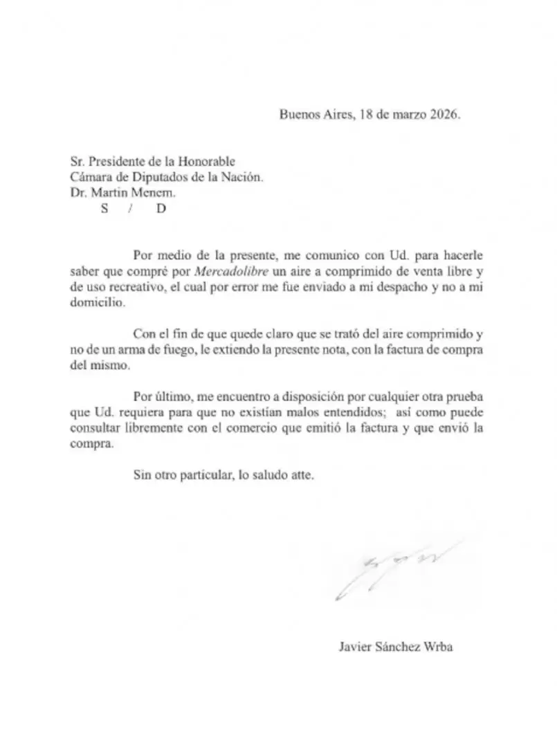 La explicaci�n que brind� el diputado Javier S�nchez Wrba sobre la llegada de un aire comprimido a la C�mara.