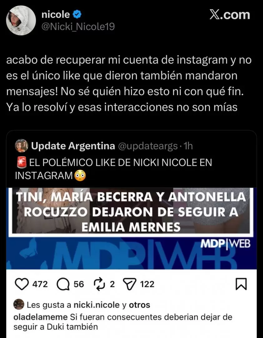 Nicki Nicole neg� el "me gusta" sobre la pol�mica de Tini Stoessel y Emilia Mernes