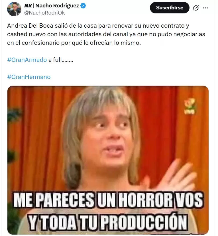 El periodista Nacho Rodr�guez asegur� que Andrea del Boca se fue de GH por un tema econ�mico.