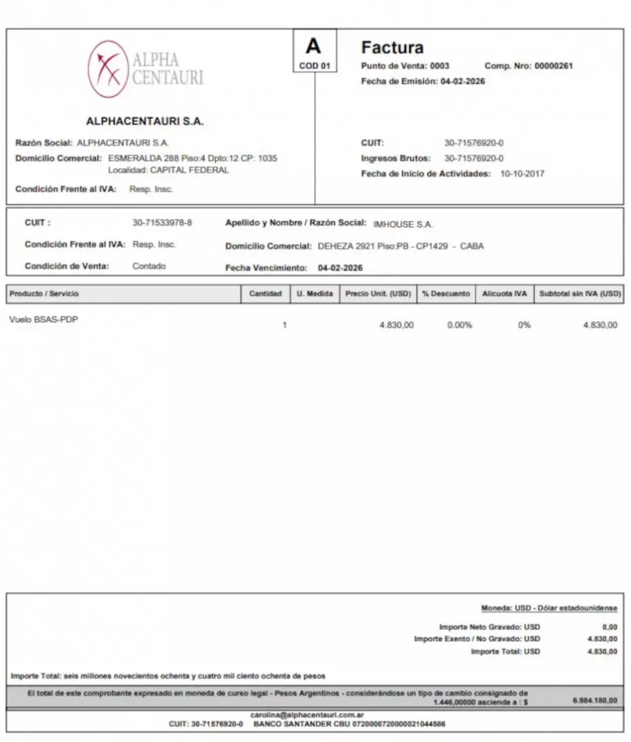 El comprobante de pago que demuestra que Adorni viajó a Punta del Este