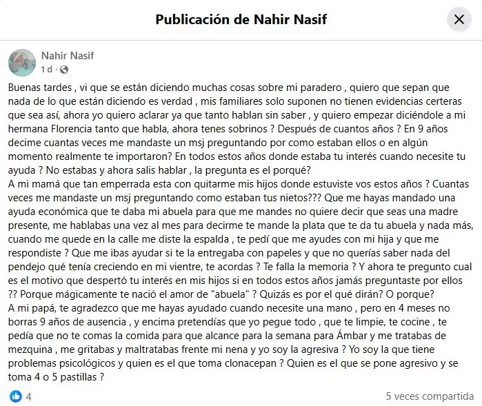 El supuesto posteo de Romina Nahir Nasif