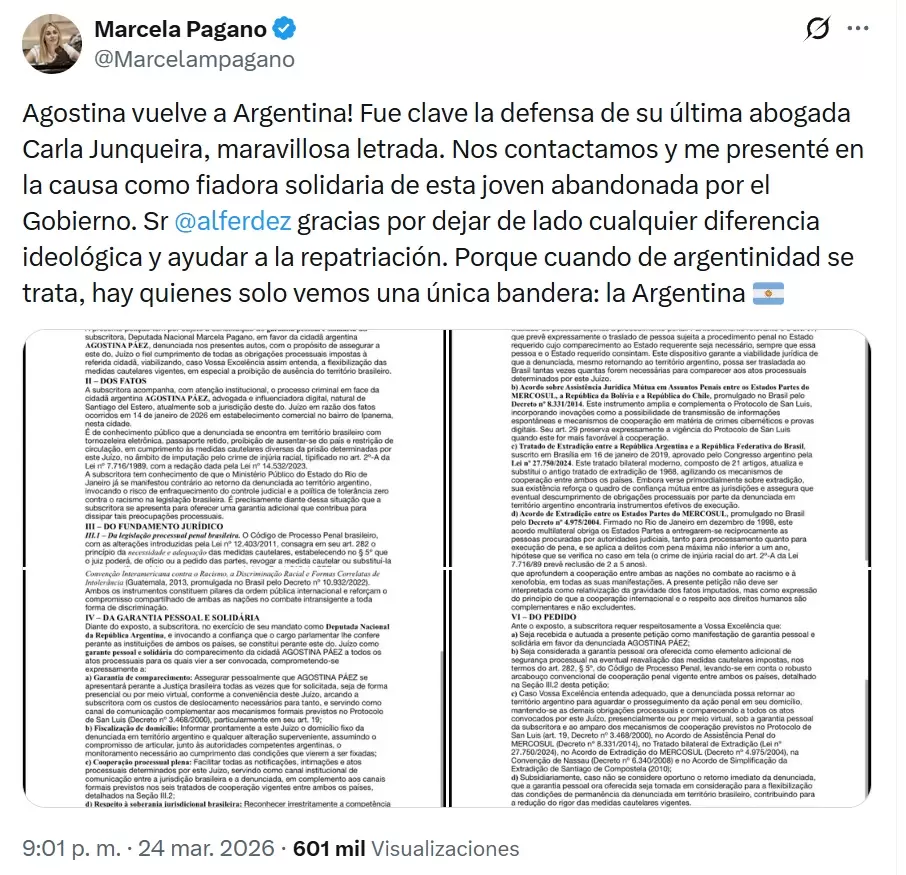 Marcela Pagano elogi� a Alberto Fern�ndez por las gestiones del ex presidente para pedir la liberaci�n de Agostina P�ez.
