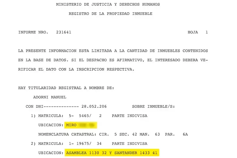 La documentaci�n del Registro de la Propiedad de inmuebles sobre Manuel Adorni