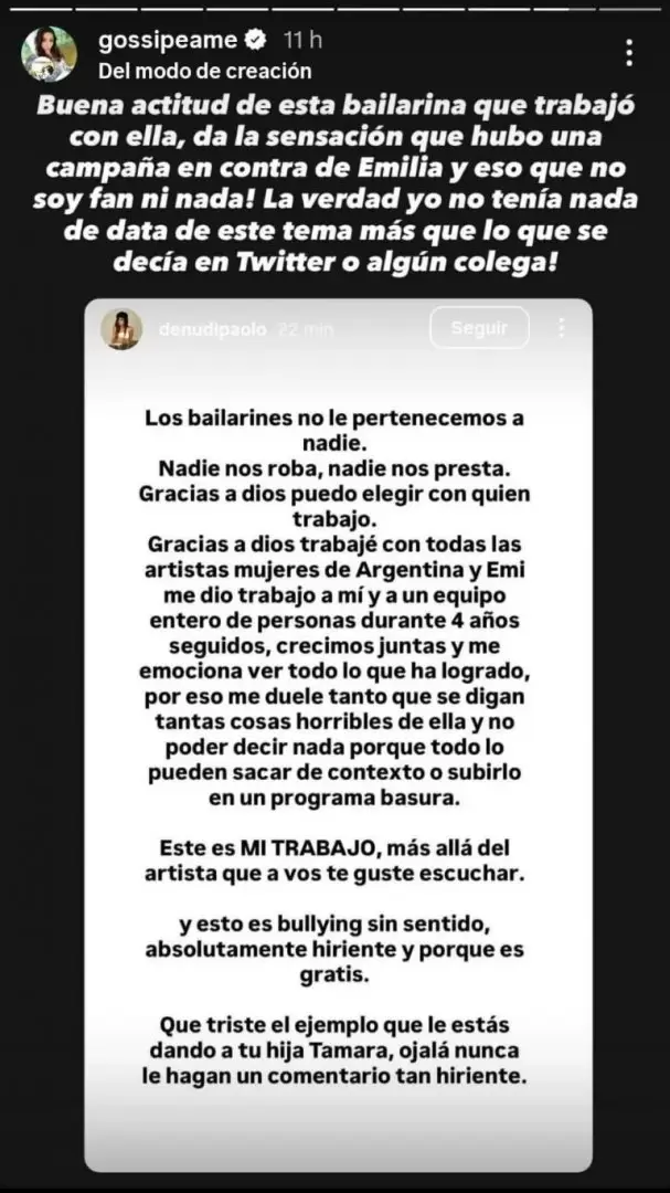 El descargo de Denu Di Paolo, bailarina que form� parte del equipo de Emilia Mernes