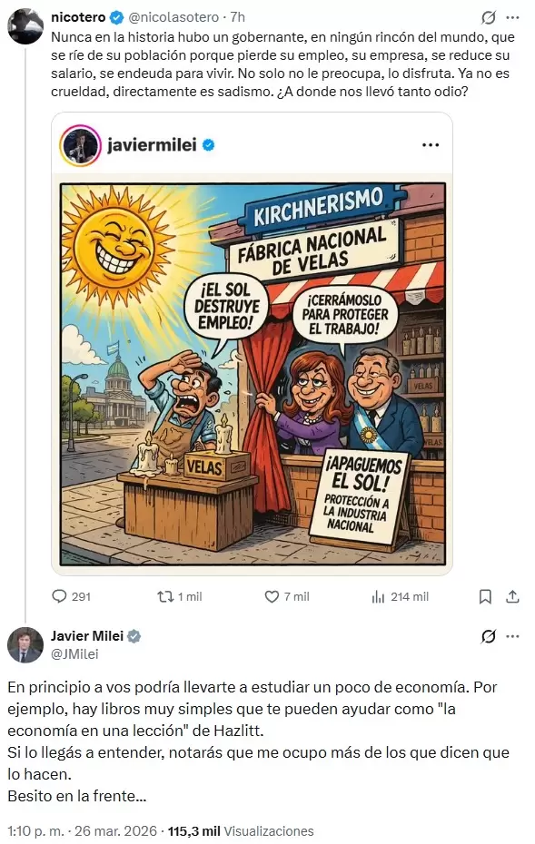 El ida y vuelta entre el presidente Javier Milei y un usuario de X por la interpretaci�n de un meme hecho con IA.