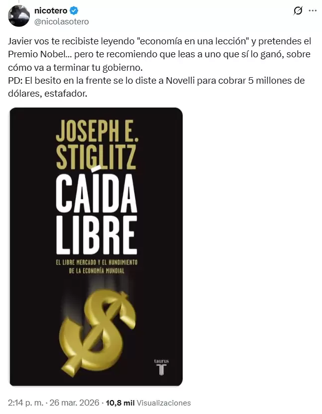 La respuesta del usuario de X Nicol�s Otero al ataque del presidente Javier Milei.