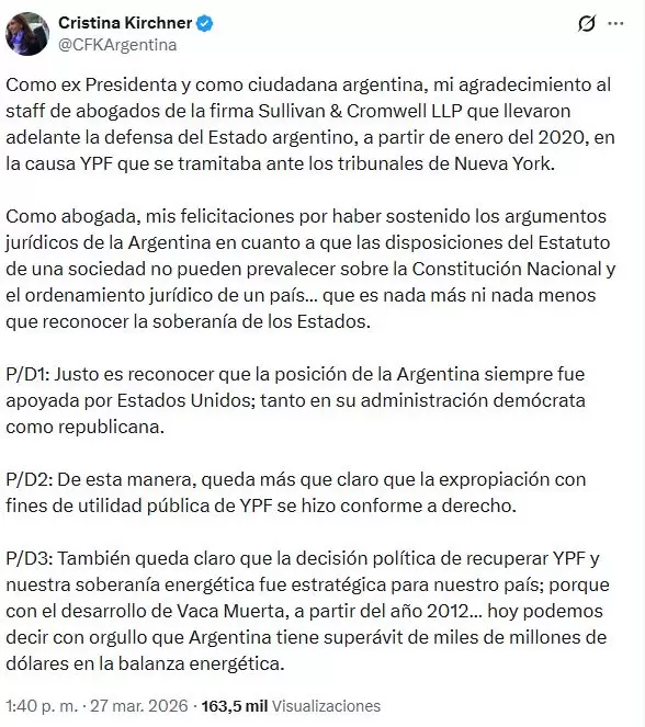 Cristina Kirchner tras el fallo en favor de la Argentina en la causa por la expropiaci�n de YPF