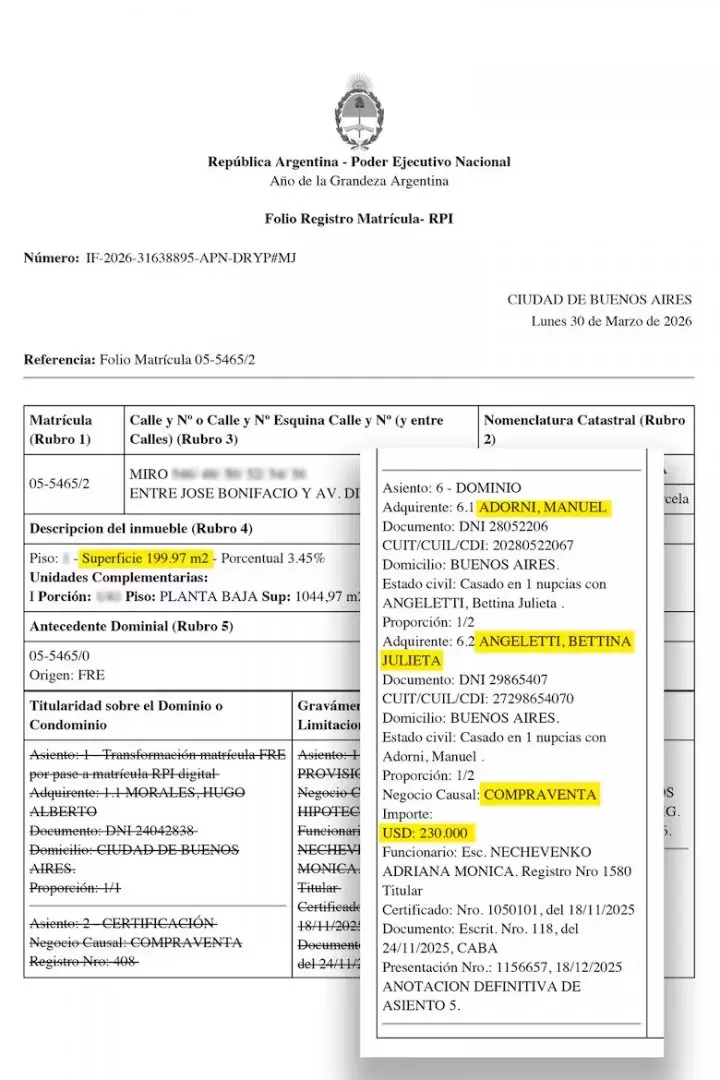 Adorni y una hipoteca no bancaria por 200.000 d�lares otorgada por las mismas personas que vendieron el inmueble.