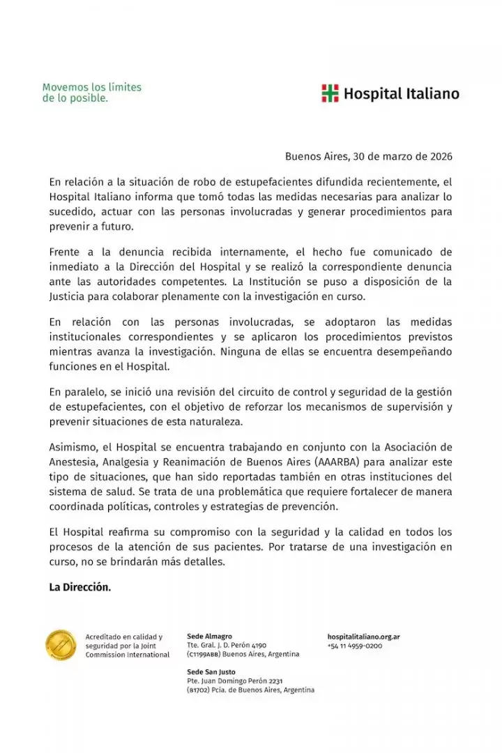 El comunicado completo del Hospital Italiano de Buenos Aires