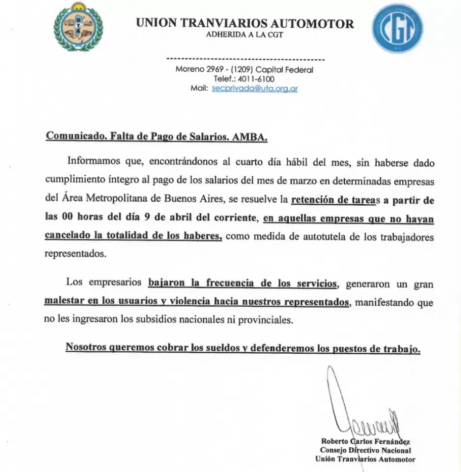 El comunicado de la UTA en el que advierte sobre la retenci�n de tareas que impulsa desde las 00 por los salarios adeudados.