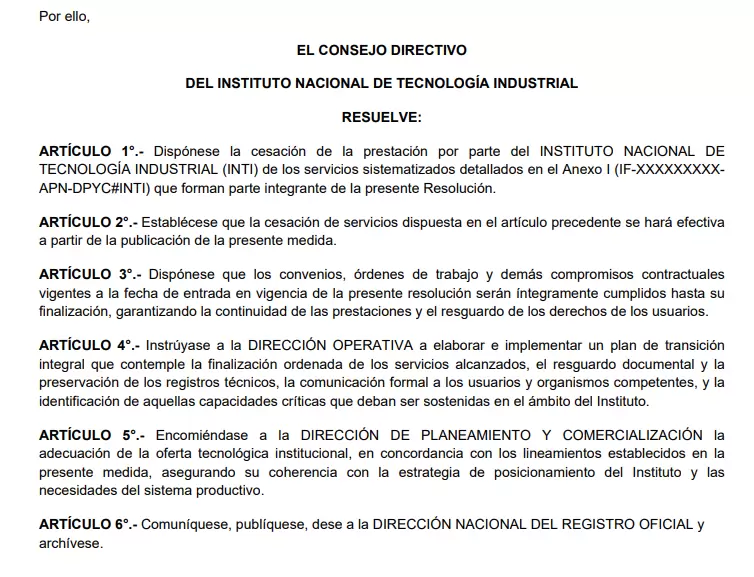 El documento oficial que muestra la cesaci�n de controles tecnol�gicos del INTI