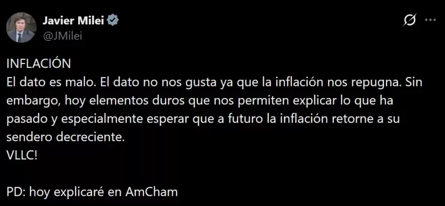 Javier Milei reconoci� que el dato de la inflaci�n de marzo de 2026 "es malo".