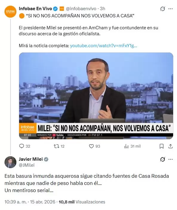 El presidente Javier Milei volvi� a insulktar a un periodista