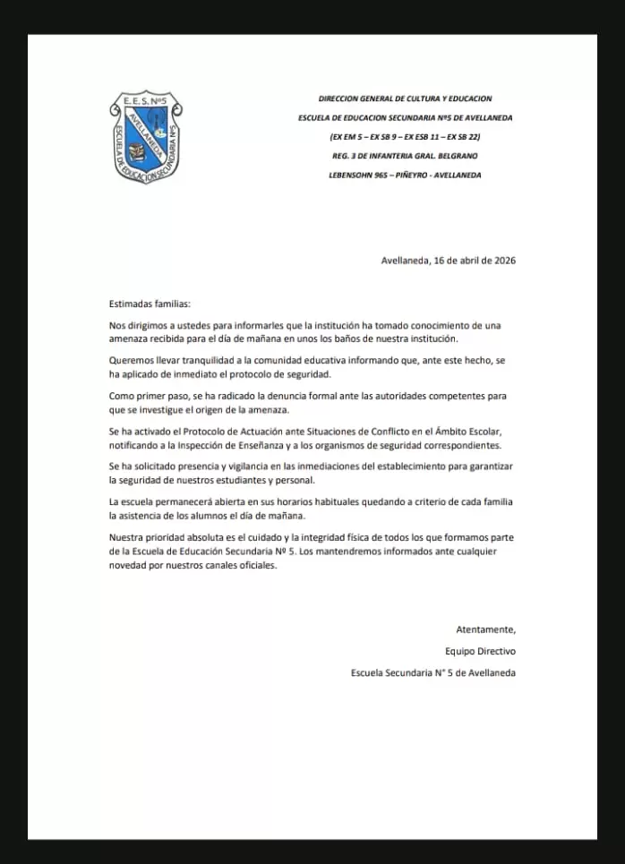El comunicado de la Escuela Secundaria N� 5