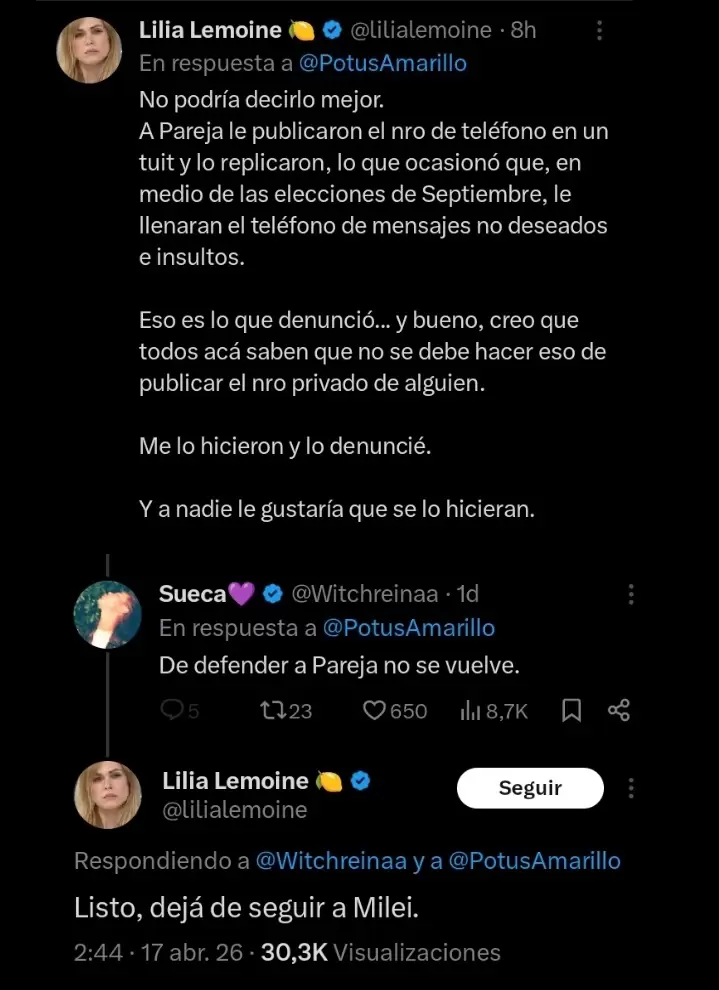 Lilia Lemoine cruz� a militantes, defendi� a Pareja y agit� la crisis digital del oficialismo