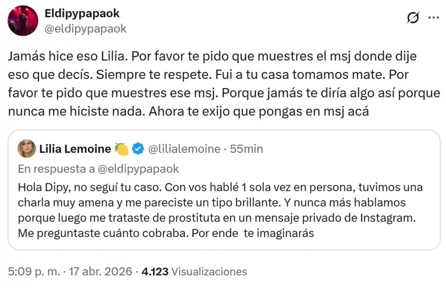 "El Dipy" le exigi� a Lemoine pruebas de su acusaci�n de haber querido pagar para tener sexo con ella.