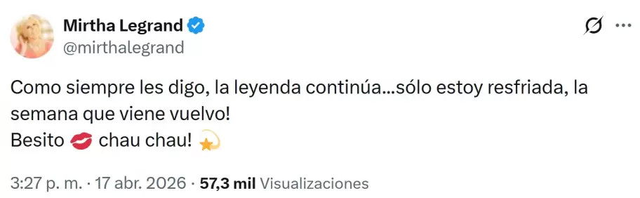 El mensaje tranquilizador de Mirtha Legrand tras su ausencia a grabar su programa por un "resfriado".