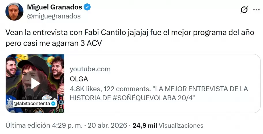 Migue Granados recomend� la entrevista con Fabiana Cantilo en Olga.