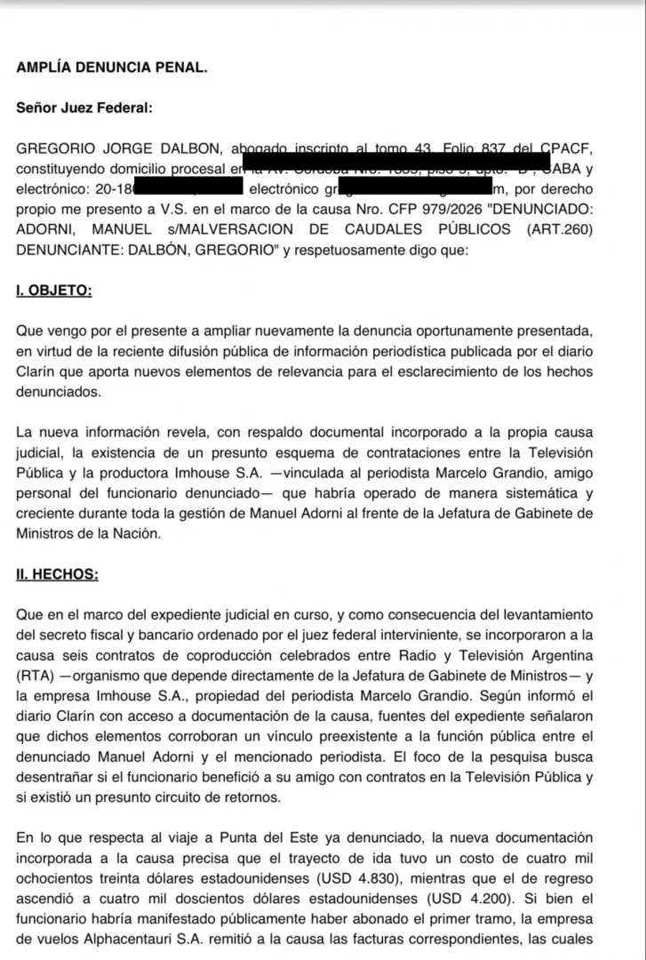La denuncia ampliada contra Mauel Adorni