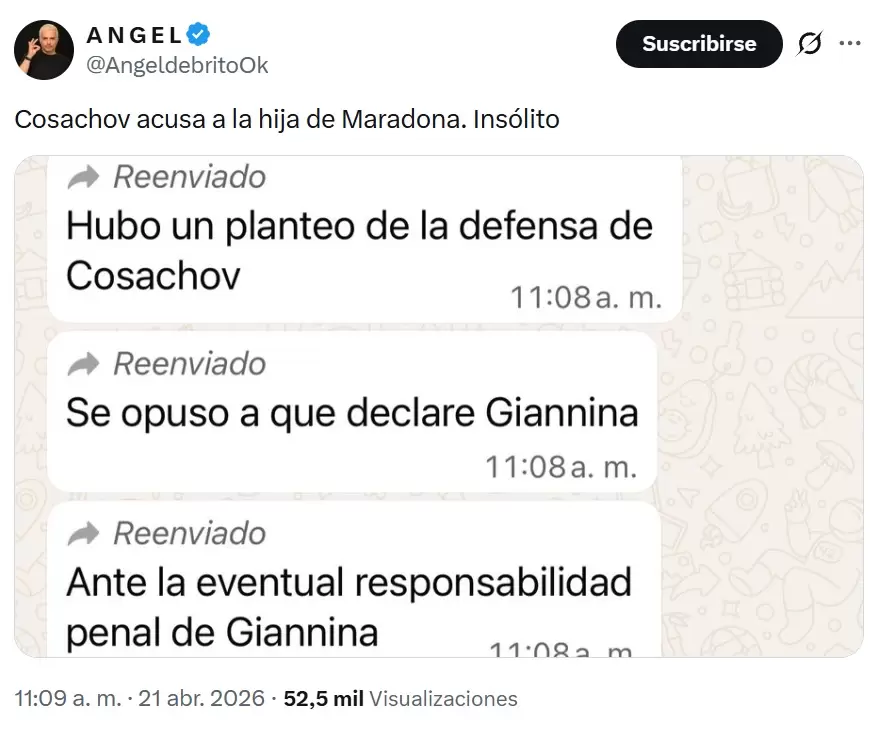 El tuit de �ngel de Brito que revel� la maniobra de la defensa de la psiquiatra Agustina Cosachov.