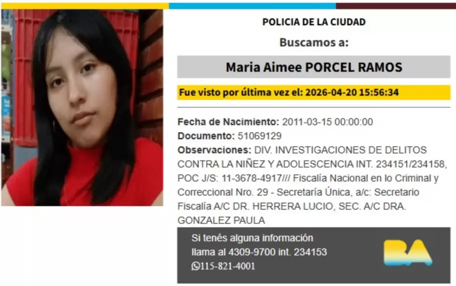 El anuncio de la Polic�a de la Ciudad por la b�squeda de Mar�a Porcel Ramos de 15 a�os.