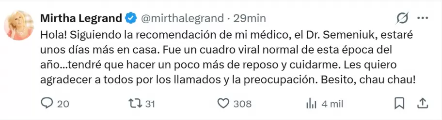 Mirtha Legrand y un tuit para llevar tranquilidad a su p�blico.