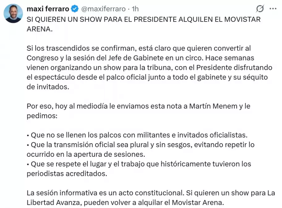 Maximiliano Ferraro y su protesta contra la din�mica de la sesi�n informativa que brindar� Manuel Adorni en el Congreso Nacional.