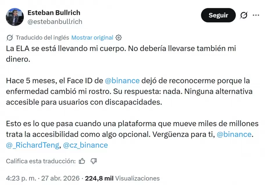 Esteban Bullrich fue dur�simo contra los fallos en el reconocimiento facial de Binance.