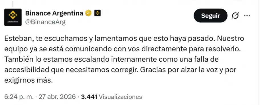 La respuesta de Binance al reclamo de Esteban Bullrich por las fallas en el reconocimiento facial.