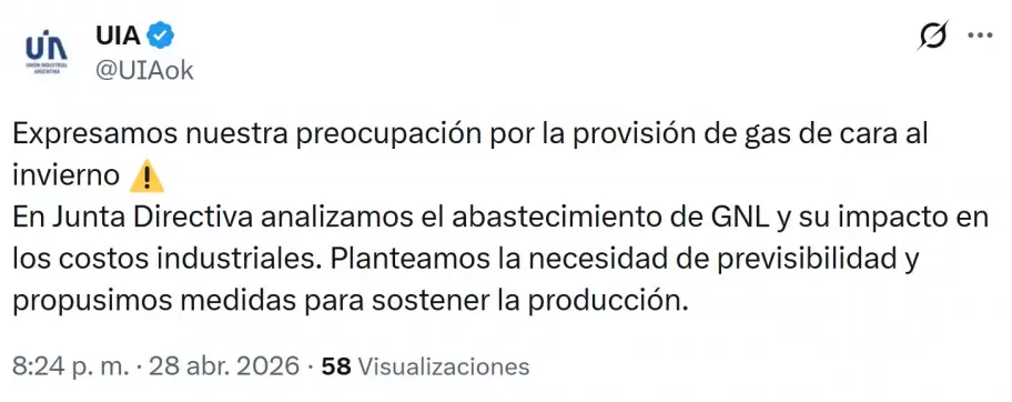 La UIA manifest� su preocupaci�n por la falta de GNL durante el invierno y advirti� sobre el golpe que significa para la industria.