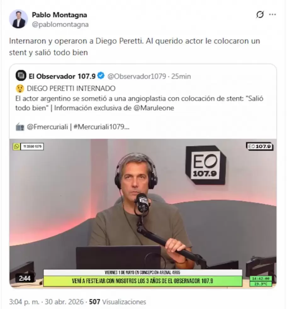 Diego Peretti pas� por el quir�fano, suspendi� funciones y ya se recupera