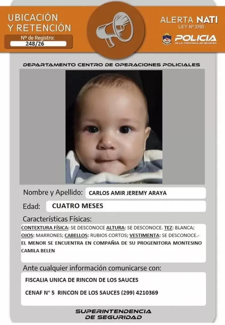 La provincia activ� el Alerta Nati para encontrar a Camila Bel�n Montesino, de 27 a�os, y a su hijo Carlos Amir Jeremy Araya